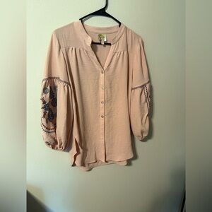 Fig and Flower Blush Blouse with Navy Embroidery